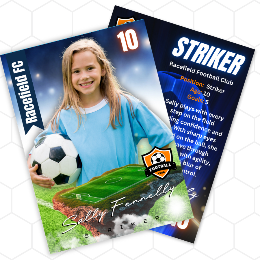 Soccer trading card of a young girl with a soccer ball on a hexagonal white background