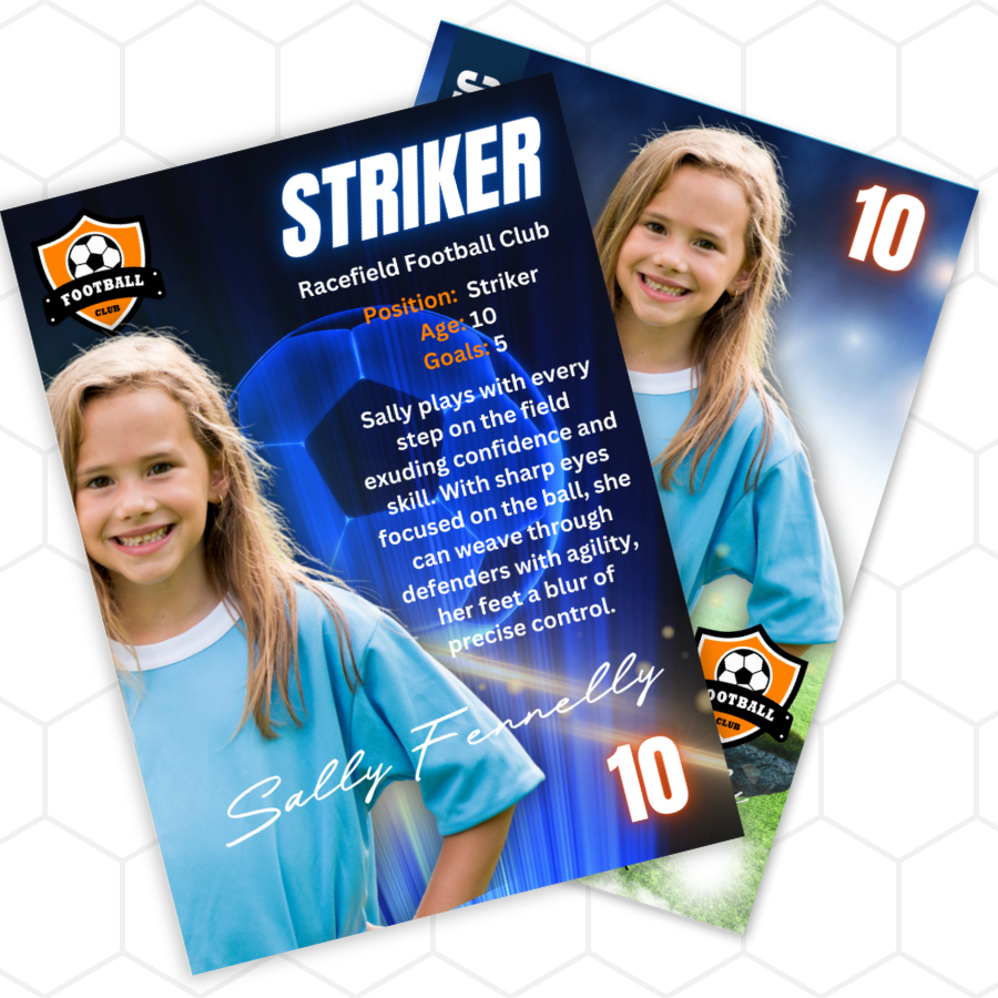 Soccer trading card of a young girl with 'Striker' title and club details on a blue background.