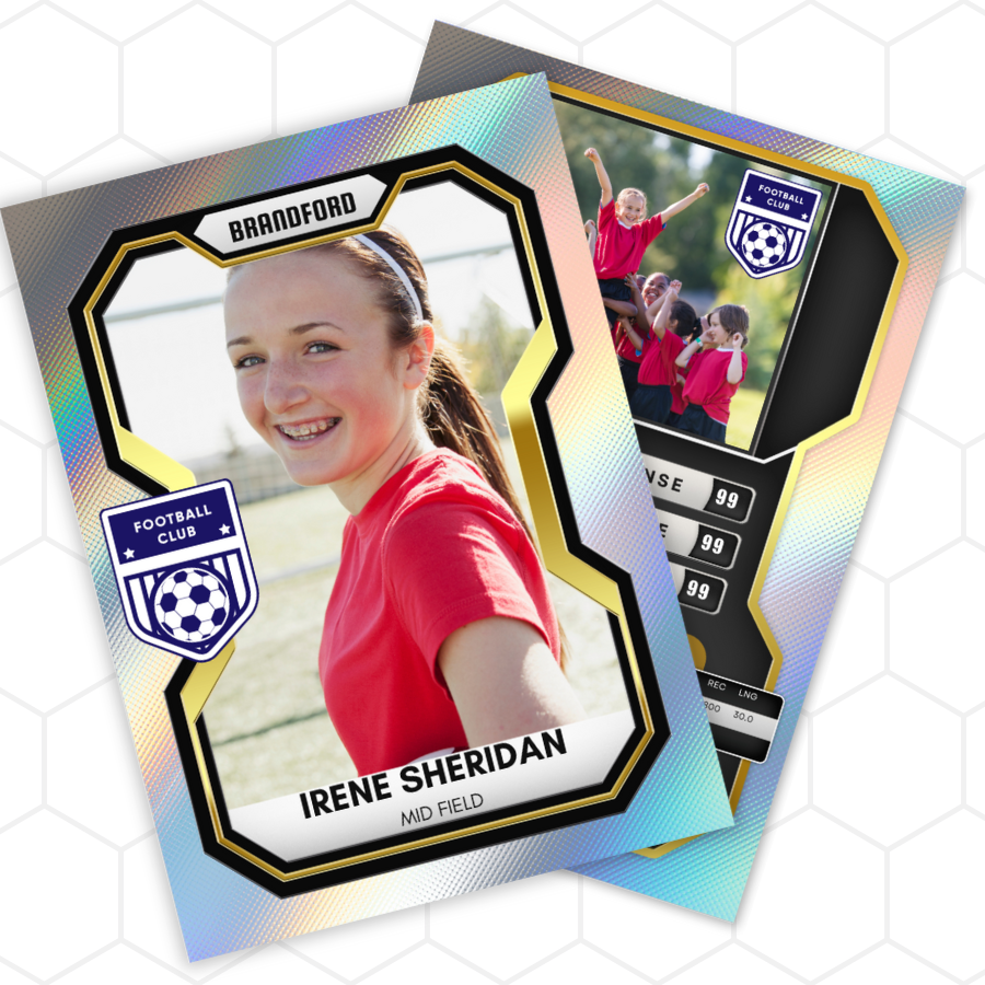 Soccer trading card of a player with a colorful border on a white background