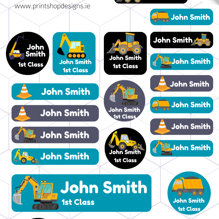 Collection of personalized name labels with construction-themed designs on a white background.