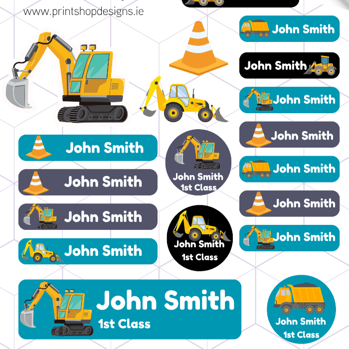 Collection of personalized name labels with construction theme and 'Print Shop Designs' branding.