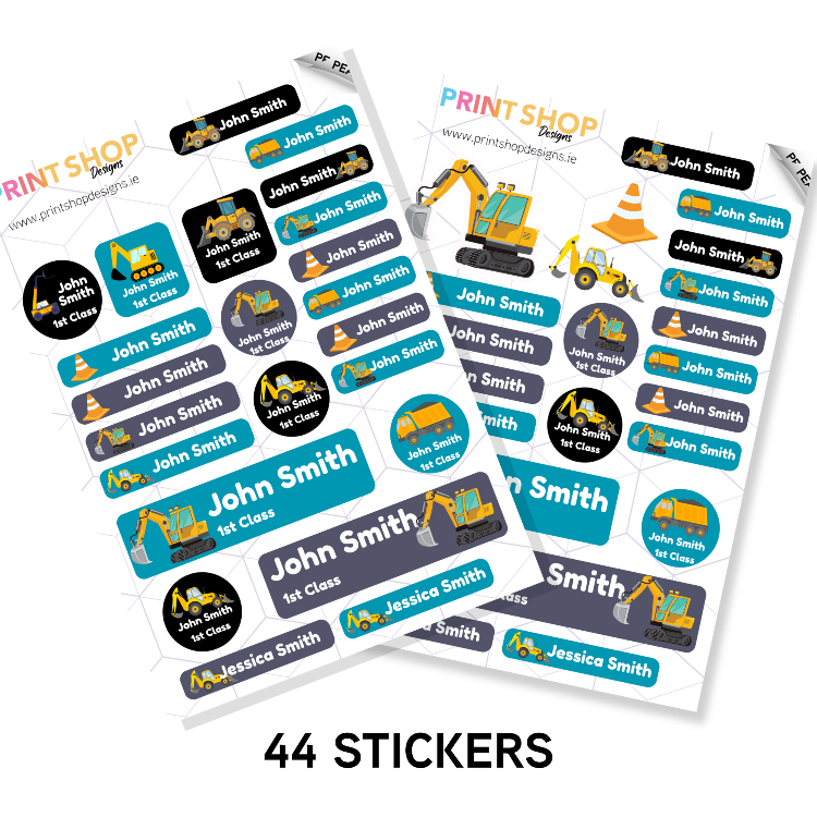 Sheets of personalized stickers with construction-themed designs and names on a white background.