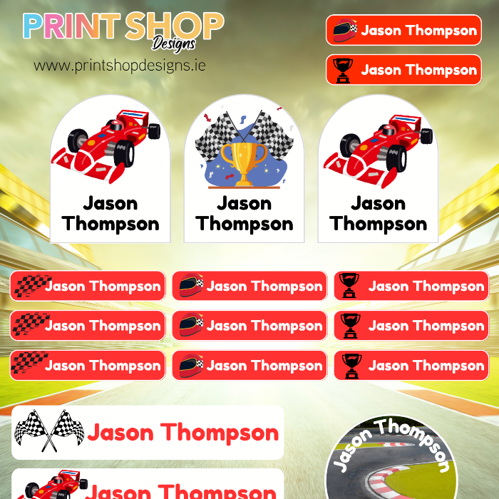 Collection of 'Jason Thompson' branded stickers with racing theme on a colorful background