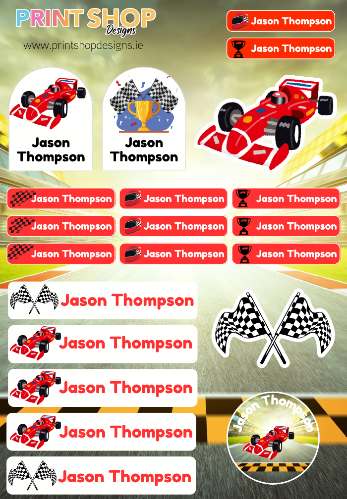 Collection of 'Jason Thompson' branded stickers featuring racing theme on a yellow and gray background.