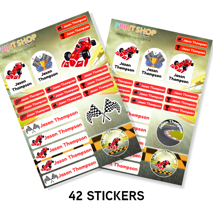 Two sheets of stickers with racing theme designs and 'Print Shop' branding.