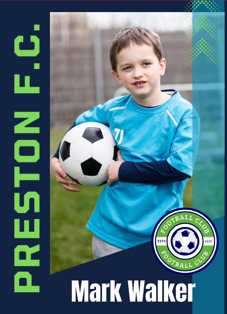 Young boy holding a soccer ball with Preston F.C. branding on a blue and green background