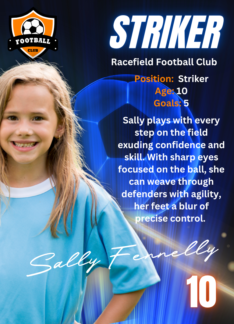 Young girl in a soccer uniform with a blue soccer ball and text about her as a striker for Racefield Football Club.