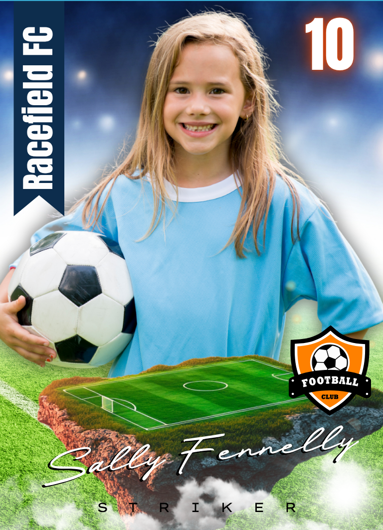 Young girl holding a soccer ball with 'Racefield FC' branding on a sports card design.