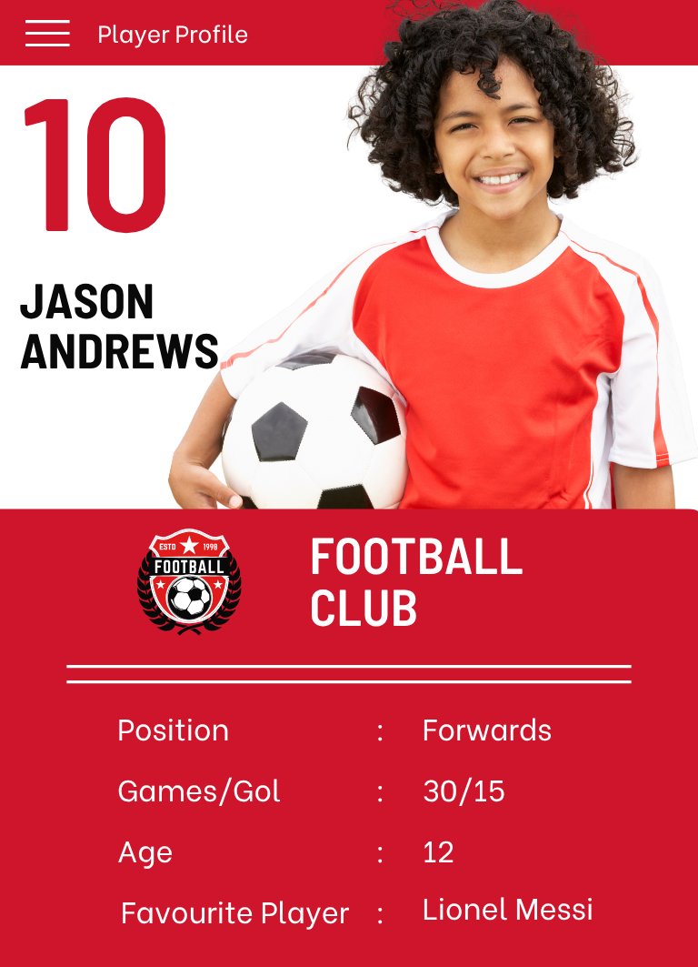 Player profile of Jason Andrews holding a soccer ball with club logo and details.