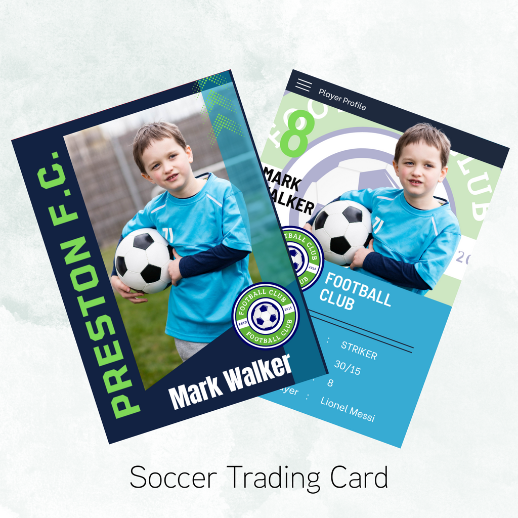 Soccer trading card with a child holding a soccer ball, featuring the text 'Preston F.C.' and 'Mark Walker'.