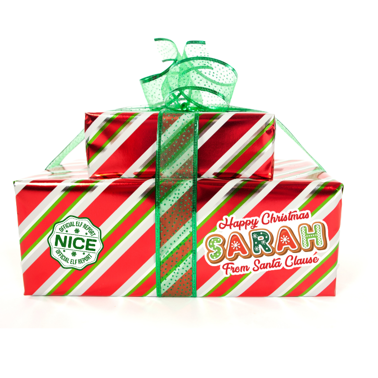 Decorative Christmas gift box with candy cane pattern and personalized text on a white background