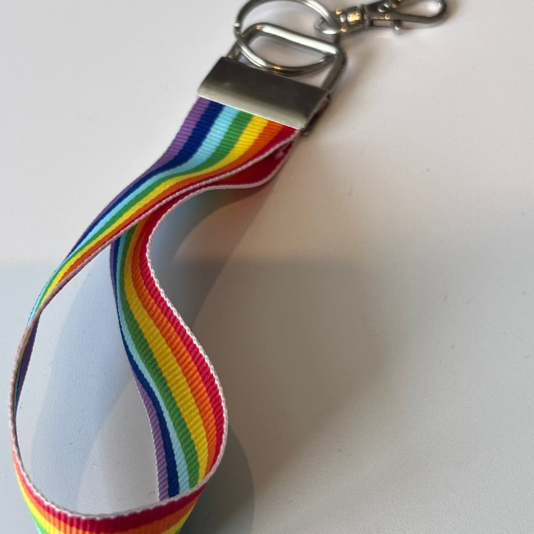 Rainbow striped lanyard with metal clip on a white background