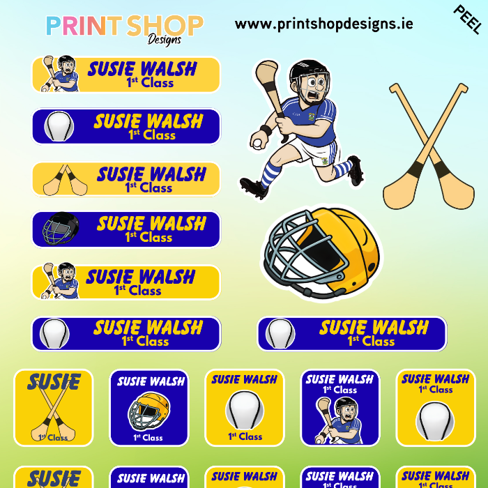 Collection of 'Susie Walsh 1st Class' stickers with sports-themed graphics on a green background.