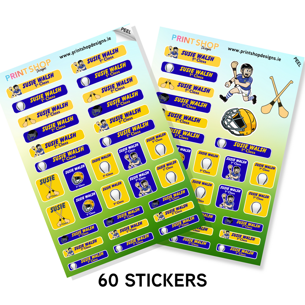 Two sheets of personalised stickers with a sports theme, featuring names and images, on a white background.
