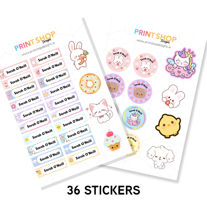 Two sheets of stickers with various designs and 'Print Shop Designs' branding.