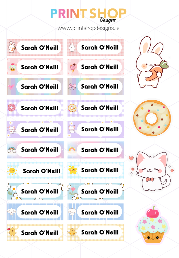 Collection of personalized name labels with cartoon characters and 'Sarah O'Neill' branding.