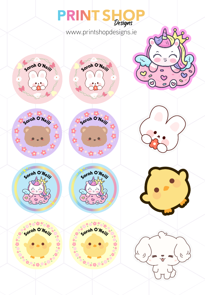Collection of cute cartoon stickers with various designs on a white background, featuring 'Print Shop Designs' branding.