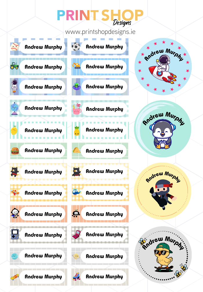 Collection of name labels with various designs and a character on a white background.