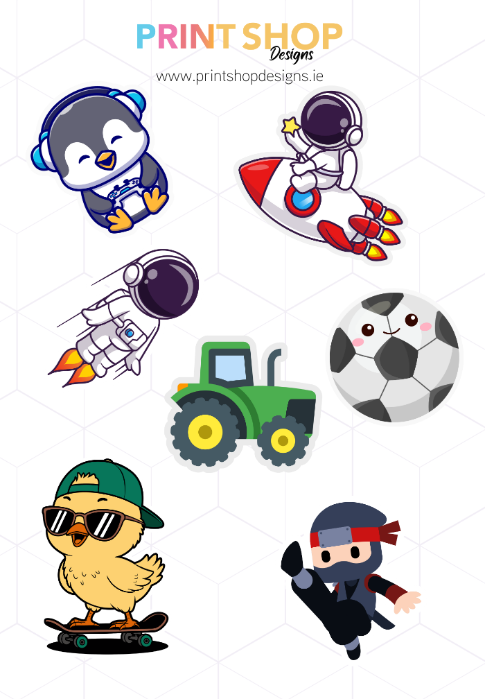 Set of cartoon stickers including a penguin, rocket, tractor, soccer ball, duck, and ninja on a white background with 'Print Shop Designs' branding.