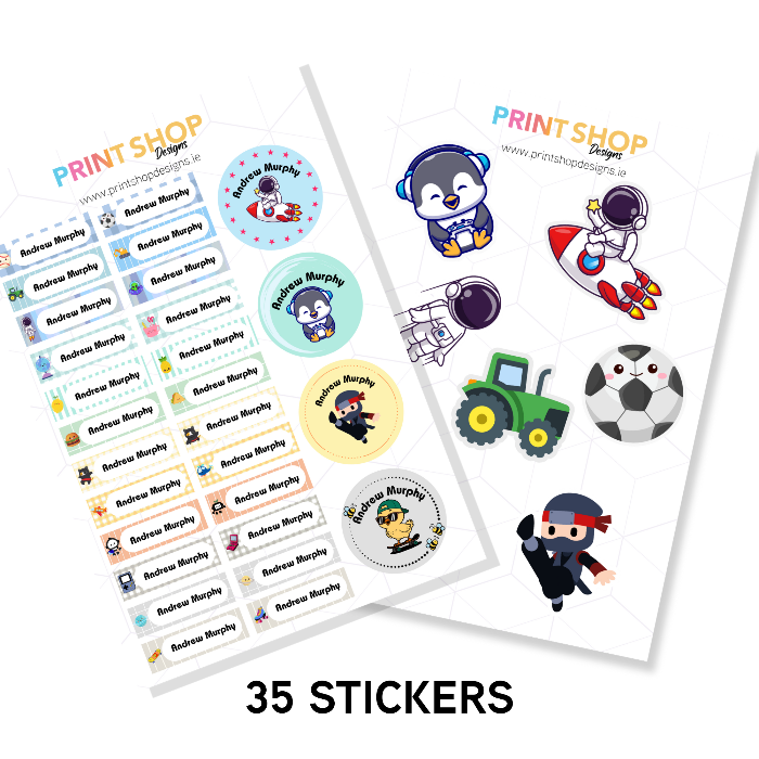 Sheet of personalized stickers with various designs including cartoon characters and sports items, branded 'Print Shop Designs'.
