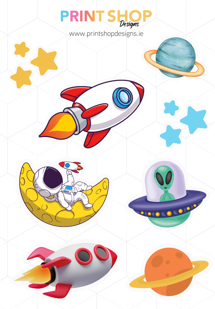 Cartoon space-themed illustrations including rockets, astronauts, aliens, and planets on a white background.
