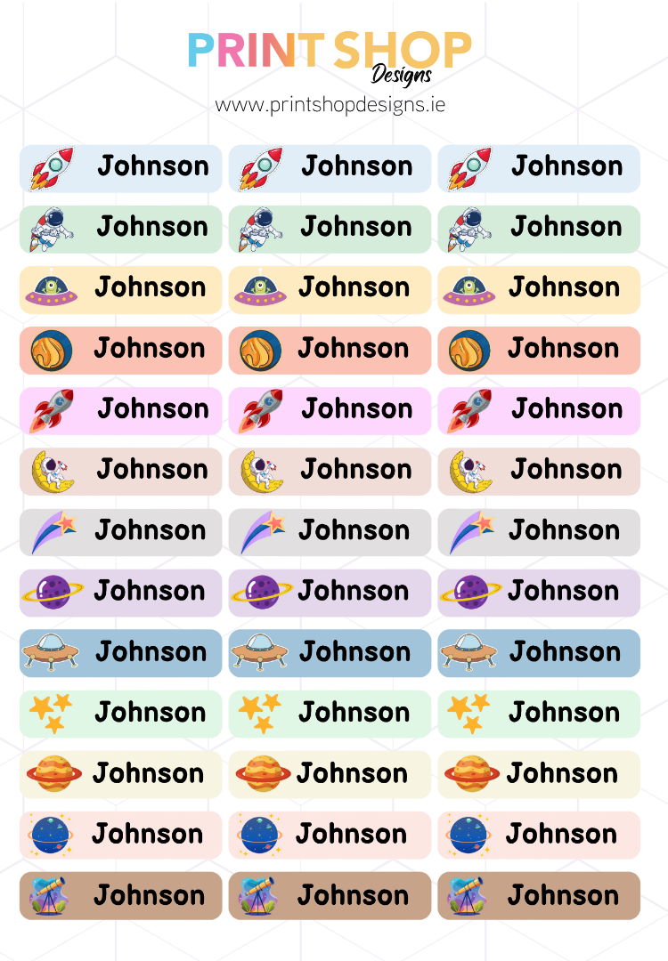 Colorful name labels with 'Johnson' printed on them, featuring various designs.