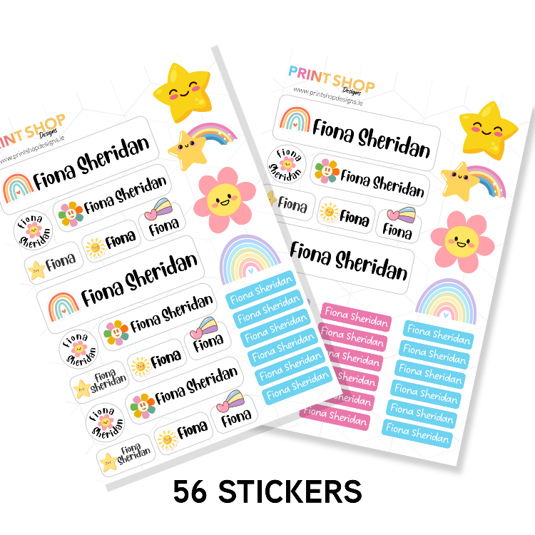 Stickers with names and colorful designs on a white background