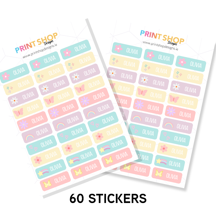 Two sheets of pastel-colored stickers with 'Olivia' text, branded 'Print Shop Designs'.
