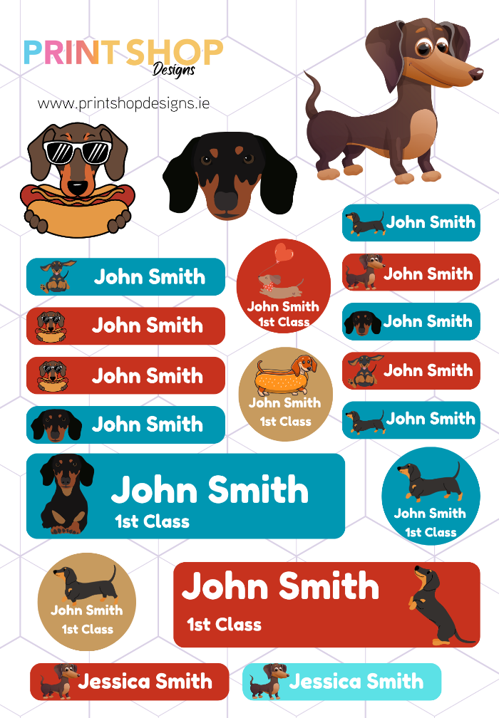 Collection of personalized name labels with dachshund designs and 'John Smith' text on a white background.