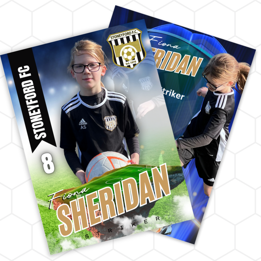 Soccer trading card of a player with 'Stoneyford FC' branding