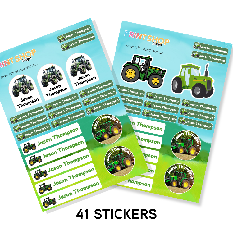 Two sheets of stickers with green tractors and names on a white background