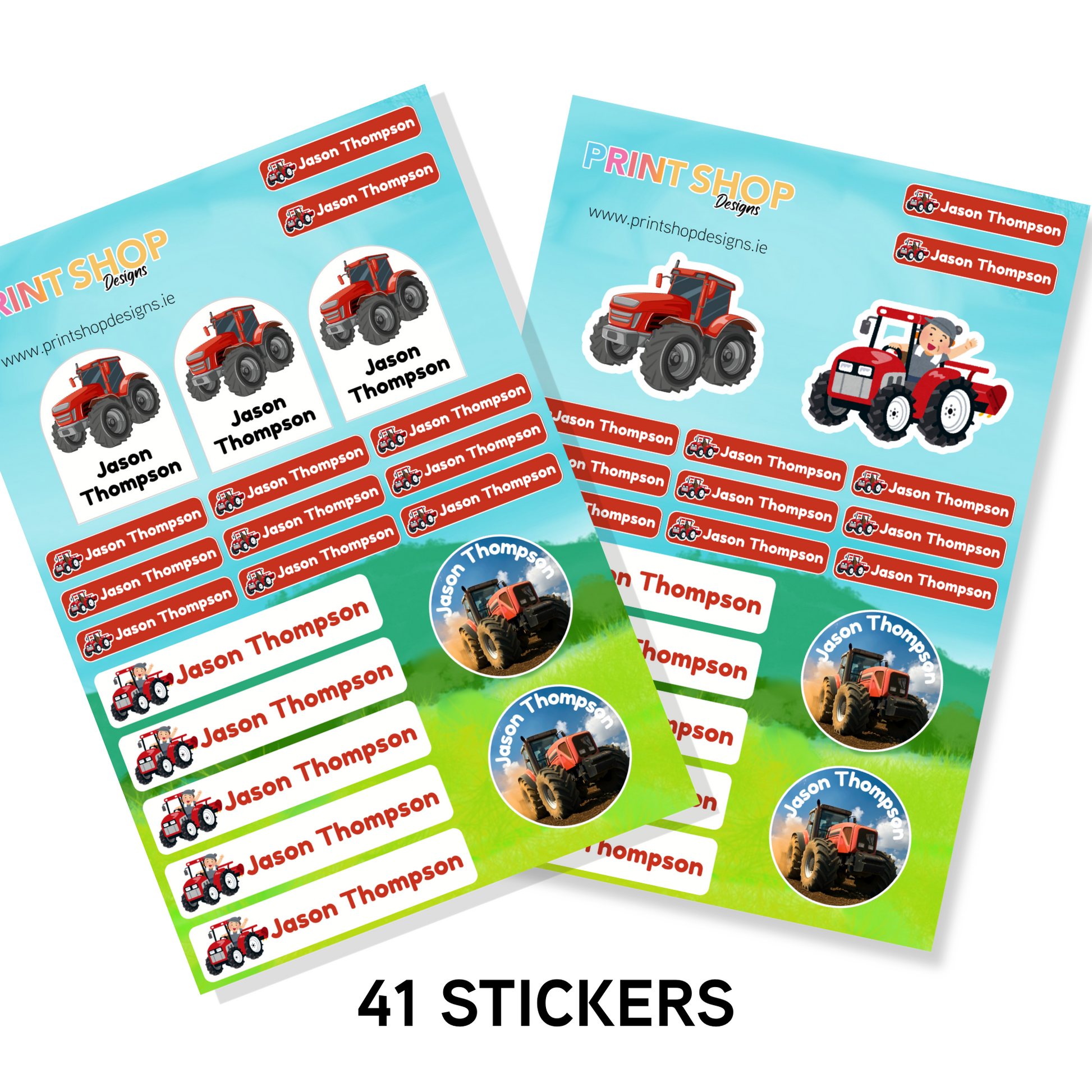 Three sheets of personalized stickers with red tractors and names on a white background.