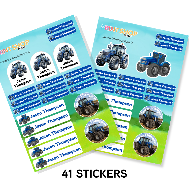 Two sheets of stickers with tractor images and 'Print Shop' branding on a white background.