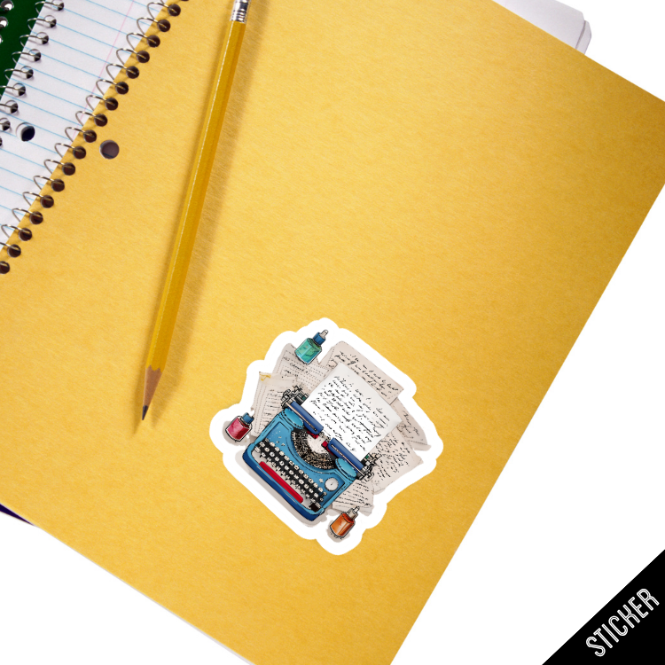 Sticker of a typewriter on a yellow notebook with a pencil
