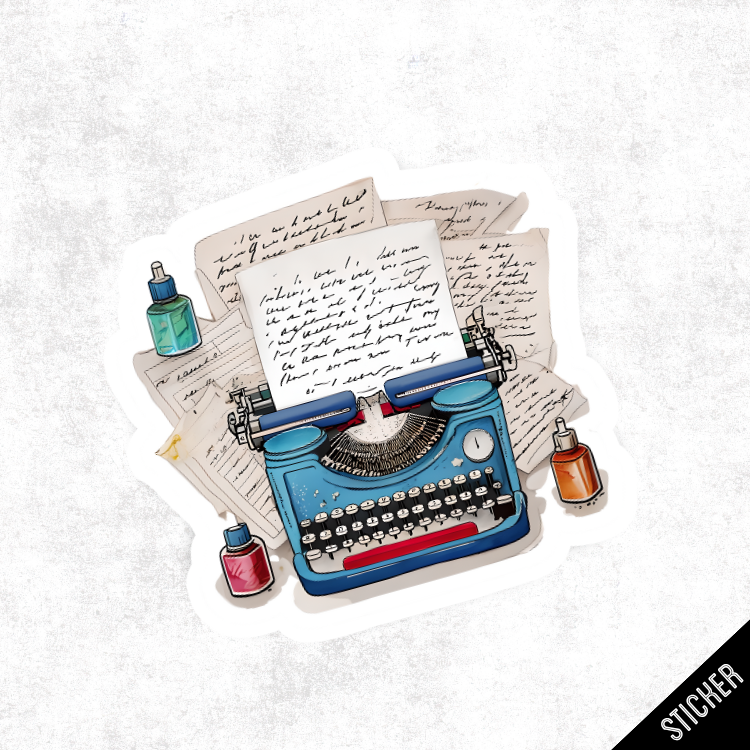 Illustration of a blue typewriter with ink bottles and pages on a white background, labeled 'Sticker'.