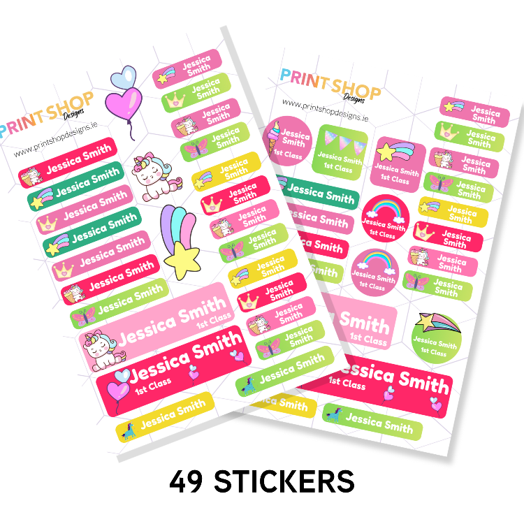 Sheets of colorful name labels with cartoon designs on a white background.