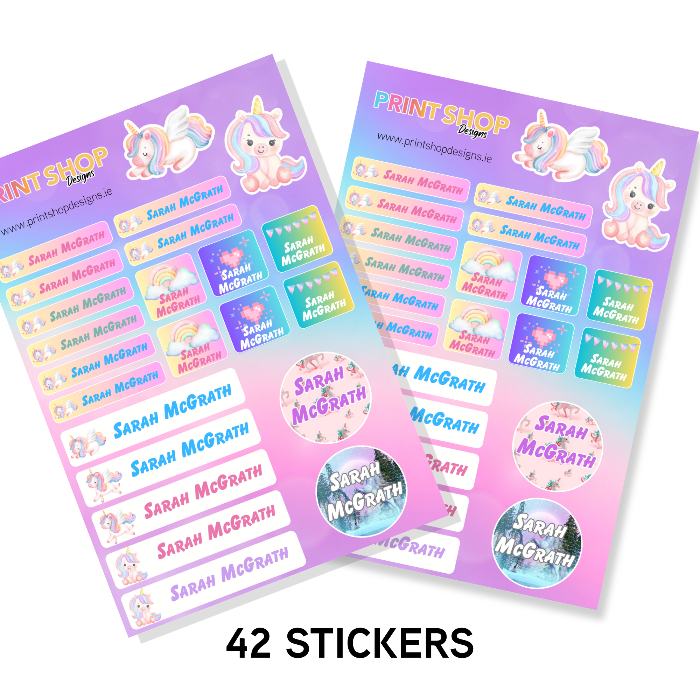Two sheets of personalized stickers with a unicorn design and 'Print Shop' branding.
