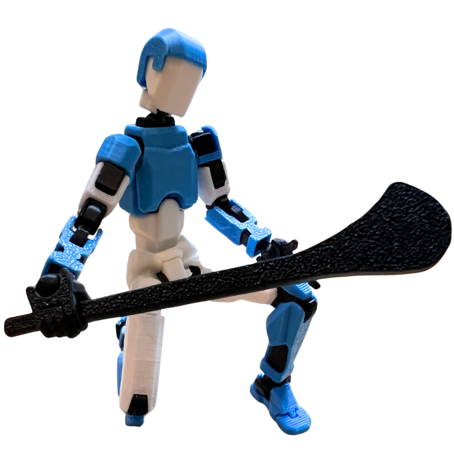 Toy figure with blue and black armor holding a sword on a white background